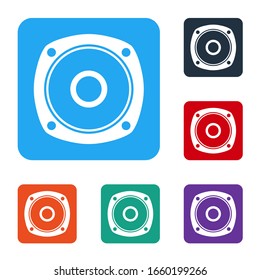 White Stereo speaker icon isolated on white background. Sound system speakers. Music icon. Musical column speaker bass equipment. Set icons in color square buttons. Vector Illustration