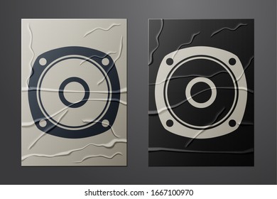 White Stereo speaker icon isolated on crumpled paper background. Sound system speakers. Music icon. Musical column speaker bass equipment. Paper art style. Vector Illustration