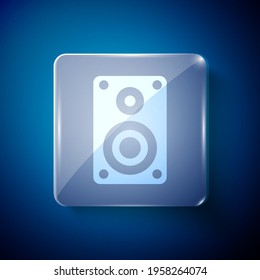 White Stereo speaker icon isolated on blue background. Sound system speakers. Music icon. Musical column speaker bass equipment. Square glass panels. Vector Illustration
