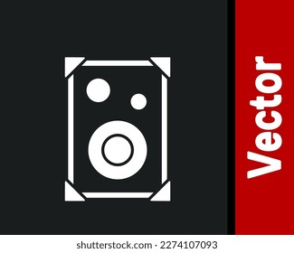White Stereo speaker icon isolated on black background. Sound system speakers. Music icon. Musical column speaker bass equipment.  Vector