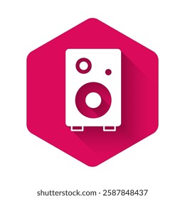 White Stereo speaker icon isolated with long shadow background. Sound system speakers. Music icon. Musical column speaker bass equipment. Pink hexagon button. Vector