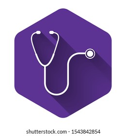 White Stethoscope medical instrument icon isolated with long shadow. Purple hexagon button. Vector Illustration