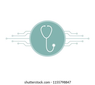 White stethoscope on blue circle with printed circuit board microchip lines, smart telemedicine symbol, vector