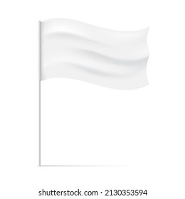 White stick flag. Flags mock-up isolated with flagpole shadow, plain flying wind banner vector illustration with pole ground, blowing pennant mockup template