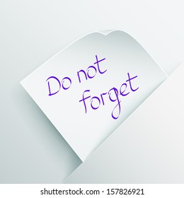 White stick note with message "Do not forget" inserted in a paper pocket. Vector illustration 