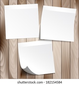 White stick notes on wooden background, vector illustration 