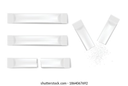 White Stick Pack Mockup Template Set - Realistic Blank Sugar Packet Serving Bag Collection From Front And Back View, Whole And Ripped Open. Isolated Vector Illustration