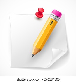 A white sticker affixed to the wall with a yellow pencil. Bright sheet of paper with realistic pencil.