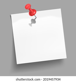 White sticker attached red push button over grey background. Memo note pinned drawing pin. Front or top view. Vector illustration