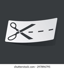 White sticker with black scissors cutting along the line, on black background
