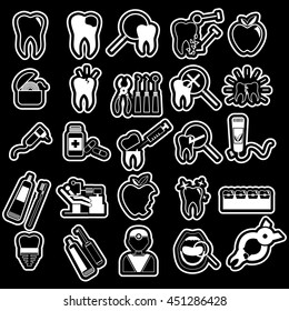 white sticker dentist icons set on blackboard in vector style