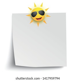White sticker with funny sun with sunglasses.  Eps 10 vector file.