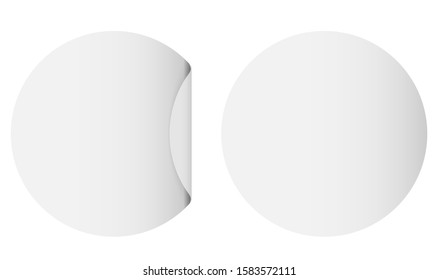 White sticker. Round tag mockup. Empty circle paper blank. Realistic cardboard memo stick with curved corner. Bent shape sheet icon. Promotion bage element set design. Glue price label