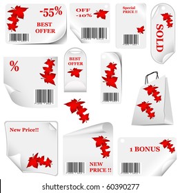 white sticker set with bar codes and leafs. vector illustration