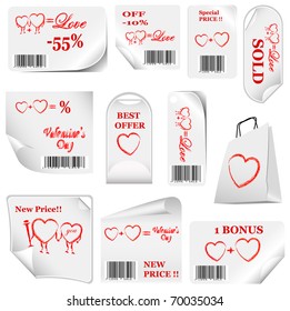 white sticker set with bar codes and hearts for Valentine's Day. vector illustration