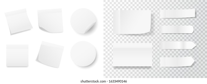 White sticker set on transparent and white background. Realistic stickers with folded edge. Paper labels and tags. Sticky note mockup. Adhesive sheets. Vector illustration