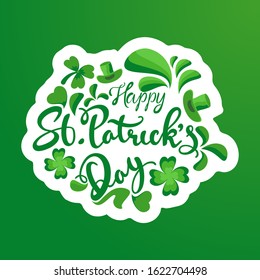 White Sticker Style St. Patrick's Day Font with Leprechaun Hat and Shamrock Leaves on Green Background.