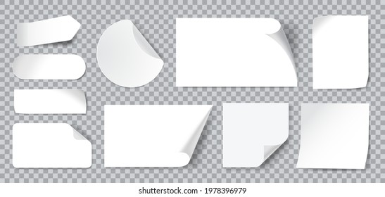 White Stickers. Blank Adhesive Sticker With Folded Or Curled Corners. Realistic Paper Sticky Notes In Various Shapes Vector Mockup As Circle, Rectangle, Square Clean Tags Or Badges