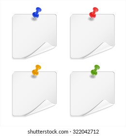 White stickers with buttons. Note paper on white background.