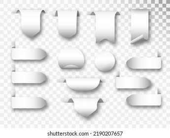 White stickers different shaped stickers and flags realistic set. Blank of notes for labeling information. Vector illustration isolated on transparent backgroun