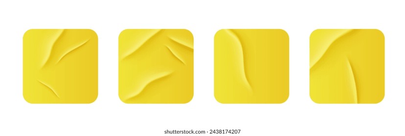 White stickers, glued paper patches and adhesive tapes with wrinkles. set of square blank sticky tags and labels with folds . Vector illustration