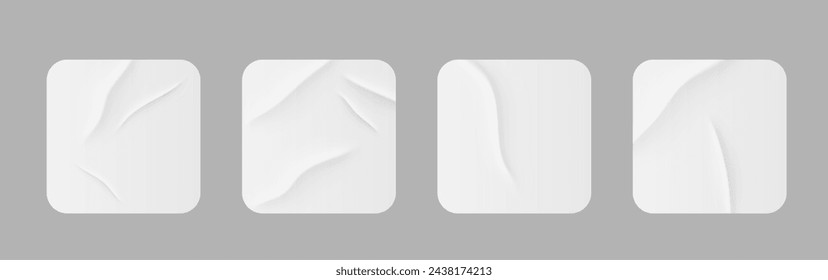 White stickers, glued paper patches and adhesive tapes with wrinkles. set of square blank sticky tags and labels with folds . Vector illustration