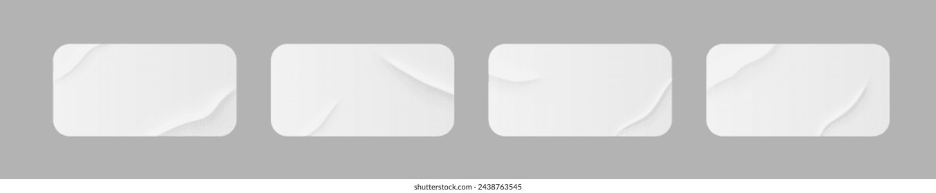 Pegatinas blancas, parches de papel pegado y cintas adhesivas con arrugas. conjunto de etiquetas adhesivas en blanco rectangulares y etiquetas con pliegues . Ilustración de vector