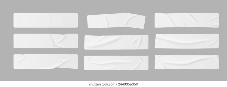 Pegatinas blancas, parches de papel pegado y cintas adhesivas con arrugas. conjunto de etiquetas adhesivas en blanco rectangulares y etiquetas con pliegues . Ilustración de vector