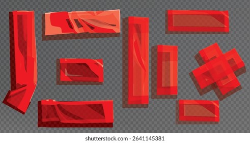 White stickers, glued paper patches and adhesive tapes with wrinkles. set of rectangular blank sticky tags and labels with folds, 3D realistic red cross adhesive tape. Torn pieces of masking tape
