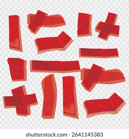 White stickers, glued paper patches and adhesive tapes with wrinkles. set of rectangular blank sticky tags and labels with folds, 3D realistic red cross adhesive tape. Torn pieces of masking tape
