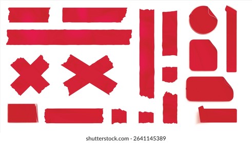 White stickers, glued paper patches and adhesive tapes with wrinkles. set of rectangular blank sticky tags and labels with folds, 3D realistic red cross adhesive tape. Torn pieces of masking tape