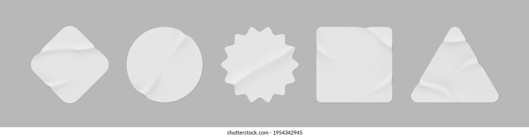 White stickers mockup. Blank labels of different shapes, circle wrinkled paper emblems. Copy space. Stickers or patches for preview tags, labels. Vector illustration