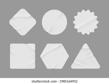 White stickers mockup. Blank labels of different shapes, circle wrinkled paper emblems. Copy space. Stickers or patches for preview tags, labels. Vector illustration