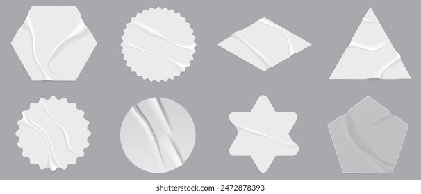 White stickers mockup. Blank labels of different shapes, circle wrinkled paper emblems. Copy space. Stickers or patches for preview tags, labels. eps 10