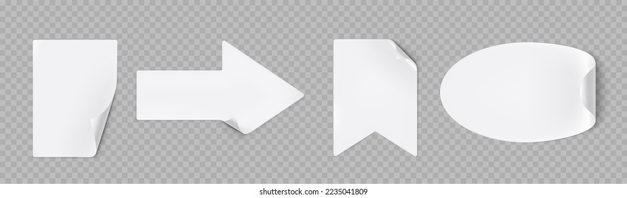 White stickers peel off, rectangular, arrow, flag and oval shapes with shadow and curled edges. Tags, sticky notes for memo, isolated Paper adhesive tape, empty blanks mockup, Realistic 3d vector set