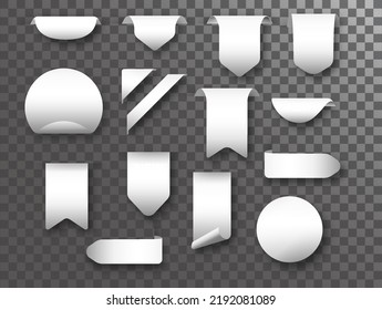 White stickers set. Blank sticker with folded or curled corners. Realistic paper label in various shapes vector mockup