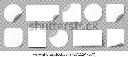 White stickers set. Paper sticky notes mockup with curled corners. Round stickers with peeling corner and shadow. Adhesive blank sticker