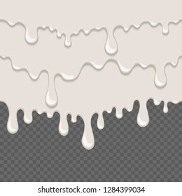 White sticky liquid seamless element. Realistic dripping slime isolated object. Background with white yogurt. Popular kids sensory game. Dairy flowing repeatable vector illustration. White paint drops