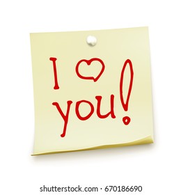 White sticky note isolated on background. lettering I love you. Template for your projects. Vector illustration.