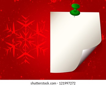 White sticky note paper attached with green pin on red grunge background with snowflake. Vector Illustration