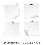 White sticky note paper with push pin, adhesive tape, binder clip. Blank paper sheets for note. Front view. Templates for your message. Vector illustration.