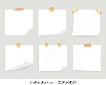 Papel blanco pegajoso con cinta. Conjunto de colección de recordatorios de notas blancas.