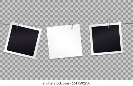 White sticky note and photo frames attached metal paper clips on tape. Template for design. Vector illustration