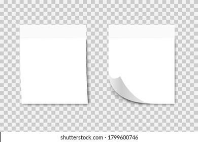 Hojas pegajosas blancas sobre fondo transparente con sombra. Ilustración vectorial.