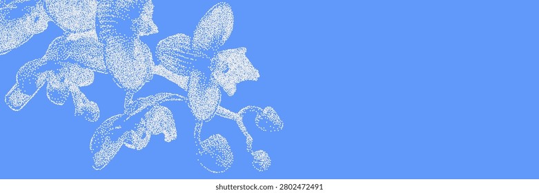 White Stipple Dot Orchid Flower Halftone Overlay Texture on Cyanotype Blue Background. Vintage Botanical Vector Illustration for Banner, Poster, Wallpaper, Cover, Template and Graphic Design