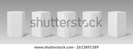 White stone column podium pedestal stands. Realistic 3d vector blocks of geometric shapes like square, cylindrical, pentagonal. Pillar platforms, displays or bases for museum and product presentations
