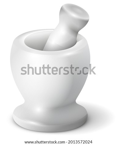 White stone mortar and granite pestle for grinding spices. Vector 3d illustration isolated on white background