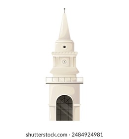 White stone tower with arch and clock. Mediterranean architectural building, landmark of the Turkish city of Kemer. Vector isolated cartoon illustration.