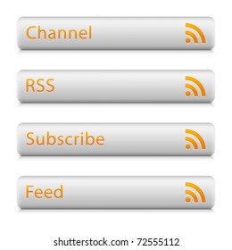 White stone web 2.0 button with orange RSS sign. Rounded rectangle shape with shadow and reflection on white. 10 eps