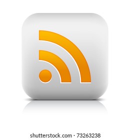 White stone web 2.0 button with orange RSS sign. Rounded square icon with shadow and reflection on white. 10 eps